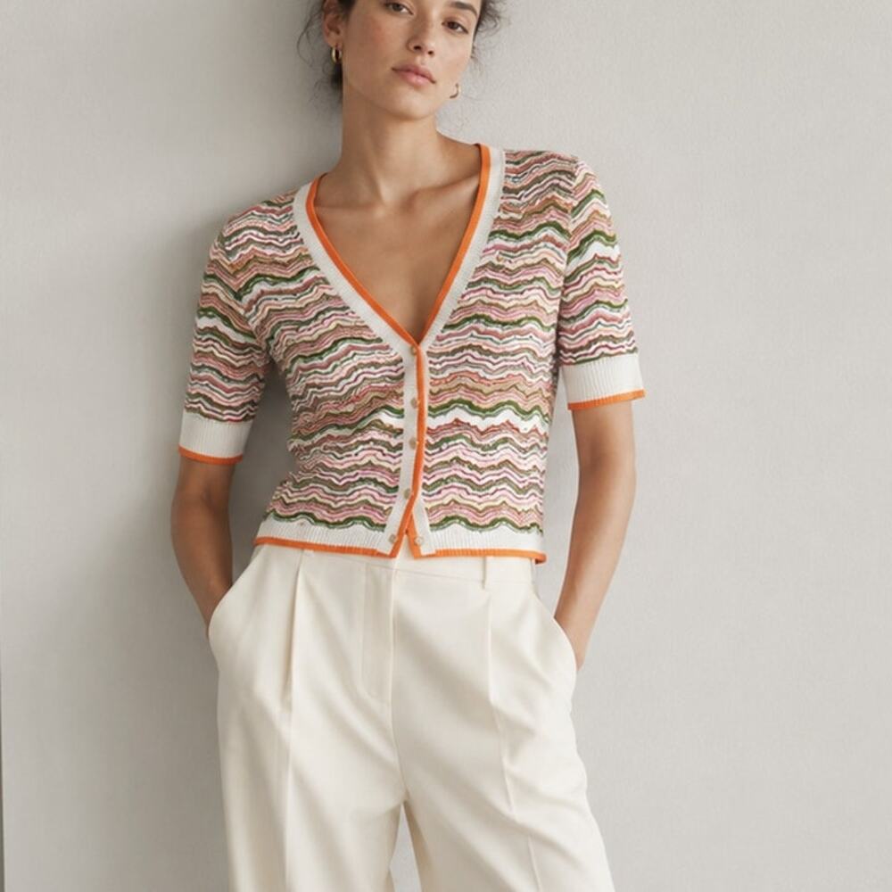 Veronica Beard Varia Cardigan Womens S Multi Stripe Knit V-neck Button Cropped